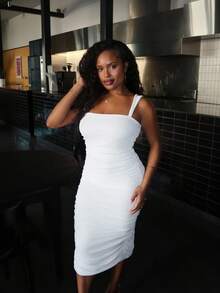 Tyla Gomez Solid Mesh Ruched Back Slit Midi Dress, White Graduation Dress, White Dress, Tea Party Dress