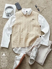 Manfinity CasualKnits Letter Embroidered V-Neck Sweater Vest, For Fall Winter - Beige - View 1