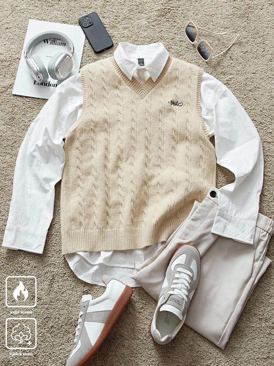 Manfinity CasualKnits Letter Embroidered V-Neck Sweater Vest, For Fall Winter - Beige - View 1