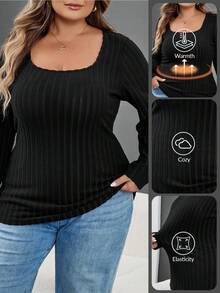 SHEIN CURVE+ Femmes grande taille Retour à l'école Saison Quotidien Casual Yoga Intérieur Extérieur Confortable Noir Tricoté Élastique Tissu unicolore Col Rond Manches Longues T-Shirt Tricoté, Pour Hiver/Automne/Hiver