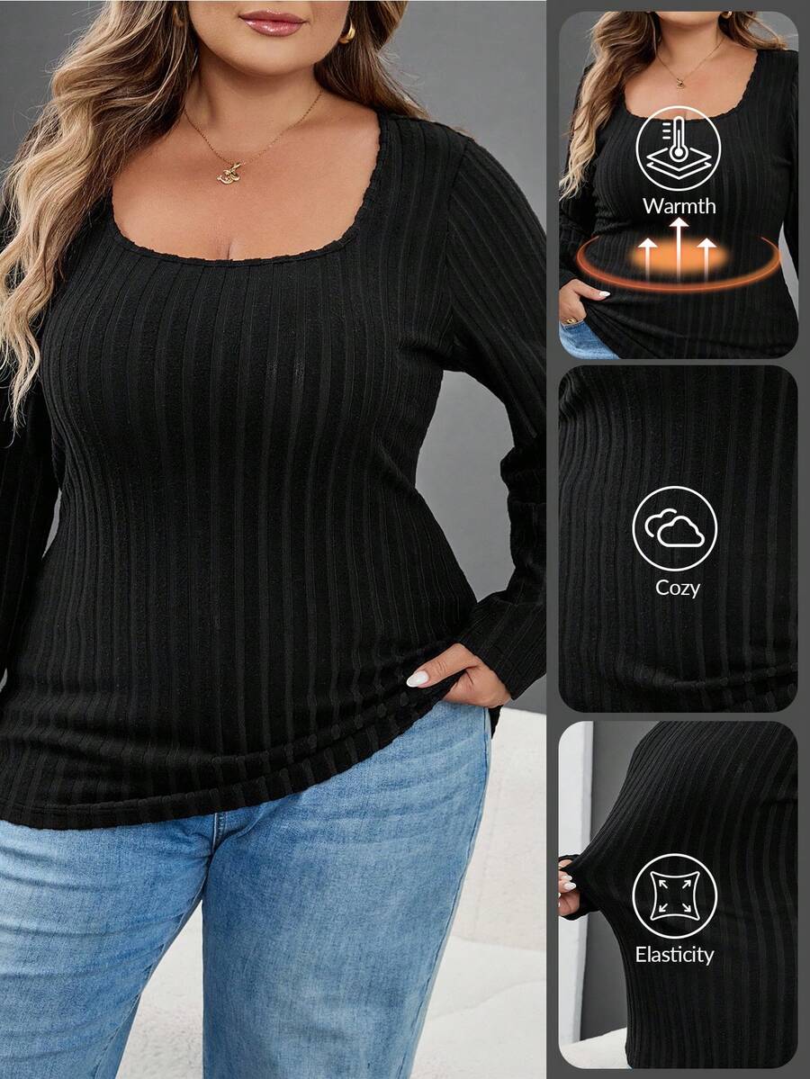 SHEIN CURVE+ Femmes grande taille Retour à l'école Saison Quotidien Casual Yoga Intérieur Extérieur Confortable Noir Tricoté Élastique Tissu unicolore Col Rond Manches Longues T-Shirt Tricoté, Pour Hiver/Automne/Hiver