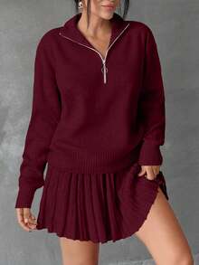 EURMUSE Women Solid Color Zipper Neck Drop Shoulder Pullover & Sweater Skirt Set - Burgundy - View 6