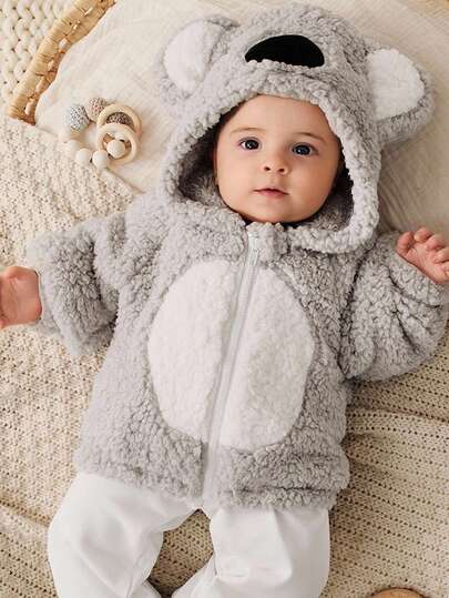 Cozy Pixies Newborn Baby Girl Cartoon Koala Print Thermal Lined Hooded Sweatshirt Fall Winter