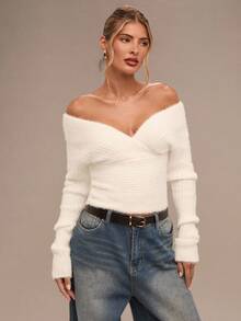 SHEIN BAE Women's Solid Color Minimalist Off-Shoulder Long Sleeve Sweater, Everyday Wear,Winter,Women's Winter Clothes , Fall Clothes For Women,Autumn Outfits For Women,Autumn Clothes For Women,Women's Winter Sweater ,Halloween ,Halloween Costume For Women,Christmas ,Christmas Sweater, Christmas Clothes For Women,New Year ,Party ,Elegant ,Casual,Fluffy Tops, Sexy Sweaters, Sexy White Sweaters, White Casual Sweaters, White Knit Top,Cozy Fall And Winter Clothes For Women