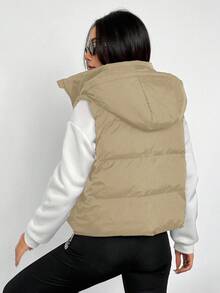SHEIN Sparklyn Teen Girl Casual All-Match Versatile Daily Warm Autumn/Winter Short Hooded Padded Vest - Khaki - View 2