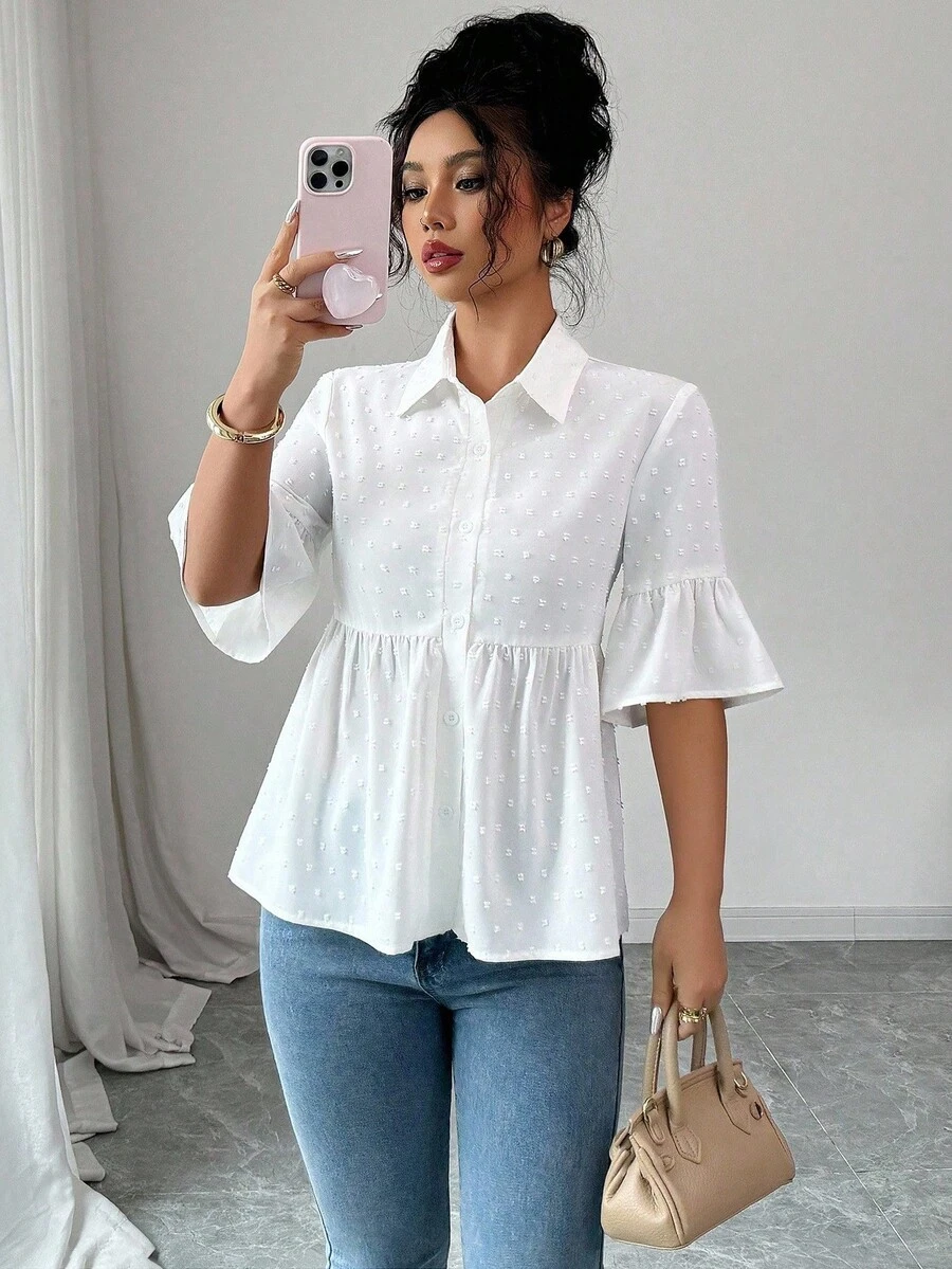 Elenzga Blusa casual de mujer de unicolor con mangas acampanadas y bajo con volantes para el verano - Blanco - Ver 1
