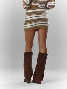 MUSERA Knit Striped Fitted Mini Skirt Bottom Only Fall Autumn Cosy Cute Casual Coffee Club Winter  Elegant New Year - Multicolor - View 4