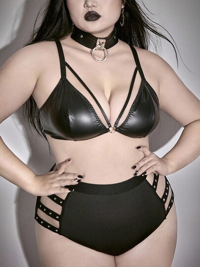 Grunge Punk Bralette triangular de PU con hebilla de metal en forma de corazón de talla grande