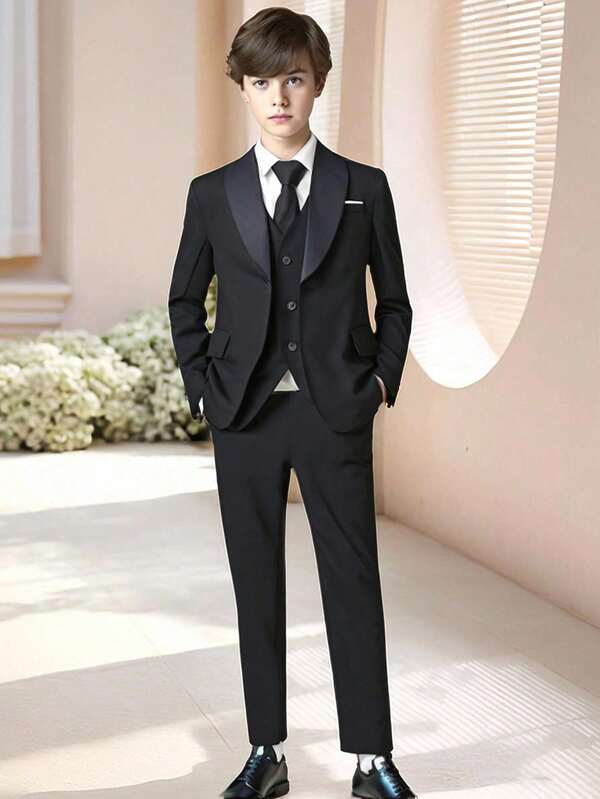 SHEIN 3 Stücke Tween Jungenoutfit im Gentleman-Stil: Lässiger Blazer + Weste + Hose, elegante Festkleidung für Geburtstags-Party, Hochzeit, Jahrestag, Abschluss