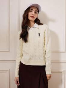 Briarwyn 秋冬装 Old Money 风格女式 V 领长袖休闲百搭麻花图案毛衣、返校装、运动服、复古女装、保暖毛衣 - 米色 - 查看 6