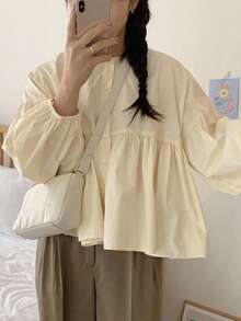 DAZY Áo cánh nữ tay bồng xếp ly cổ tròn giản dị, trang phục mùa thu - Màu be - Xem 8