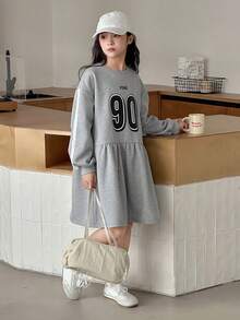 DAZY 青少年女孩休闲日常通勤数字和字母印花宽松罩衫连衣裙，春秋季 - 灰色 - 查看 3