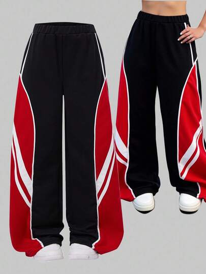 SHEIN Tween Girls' ME Casual Loose Sports Contrast Trim Patchwork Wide Leg Pants, Suitable For Daily Commute, Leisure, Street Style, Spring/Summer Fall Winter