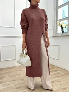 EURMUSE Women Solid Color High Neck Long Sweater With High Split - Dusty Pink - View 5