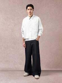 SUMWON Vintage Inspired Textured Shirt Long Sleeve Button Down Collar Casual Oversized Japanese Streetwear Fall Winter Collection Plain - White - View 3