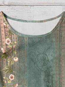 EMERY ROSE 大码女装日常休闲优雅复古欧式优雅花卉图案圆领双层小盖袖宽松衬衫，女士夏装，女士度假服装，女士夏装，女士外出上衣 - 綠色 - 查看 3