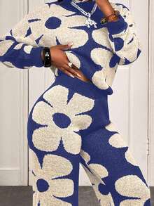 BamGleam 女士花卉图案落肩长袖毛衣和针织裤休闲两件套，秋冬 - 藍色 - 查看 7