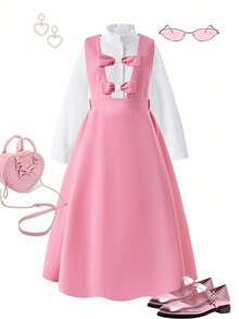 Teenage Girls' Elegant Light Pink Shirt Dress Set,Back-To-School Autumn Party Outfit,Cute Collared Shirt,Pleated Chest & Bowknot Waist Casual Dress - Pink - View 5