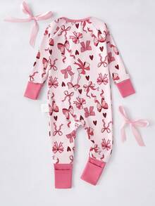 Baby Mädchen rosa Schleife Digital Muster Langarm Reißverschluss Vorne Jumpsuit Nachtwäsche, Enge Passform