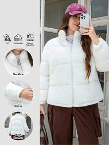 SHEIN LUNE 加大码女式米色珊瑚绒北极泡泡面料加厚保暖秋冬季外套立领毛绒让你温暖的冬季外套 - 米色 - 查看 8