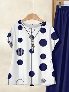 Rusticease 2pcs Women Spring/Summer Casual Polka Dot Print Blouse And Pants Set Suitable For Going Out Fall Clothes - Multicolor - View 2