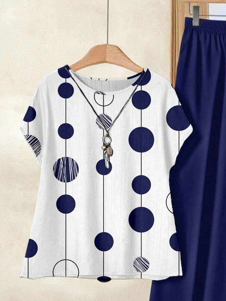 2pcs Women Spring/Summer Casual Polka Dot Print Blouse And Pants Set Suitable For Going Out Fall Clothes
