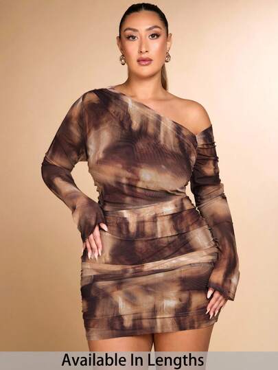 SHEIN Tall CURVE Plus-Size Women's Elegant Big Women's Daily Dating Outing Autumn And Winter Versatile Autumn And Winter Long-Sleeved Stretch Mesh Gathered Asymmetrical Neckline Oblique Shoulder Pleated Slim Top Mesh Long-Sleeved T-Shirt Marble Color Printed Dress