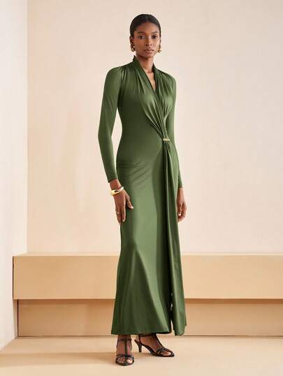 Zivah 20  Autumn And Winter New Commuting Elegant Casual Vacation Green Slim Long Sleeve Metal Decoration V-Neck Pleated Women Maxi Dress,Travel, Commuting, Party, Vacation, Old Money Style, Shopping, Banquet, Elegant, Party, Date,Casual-A