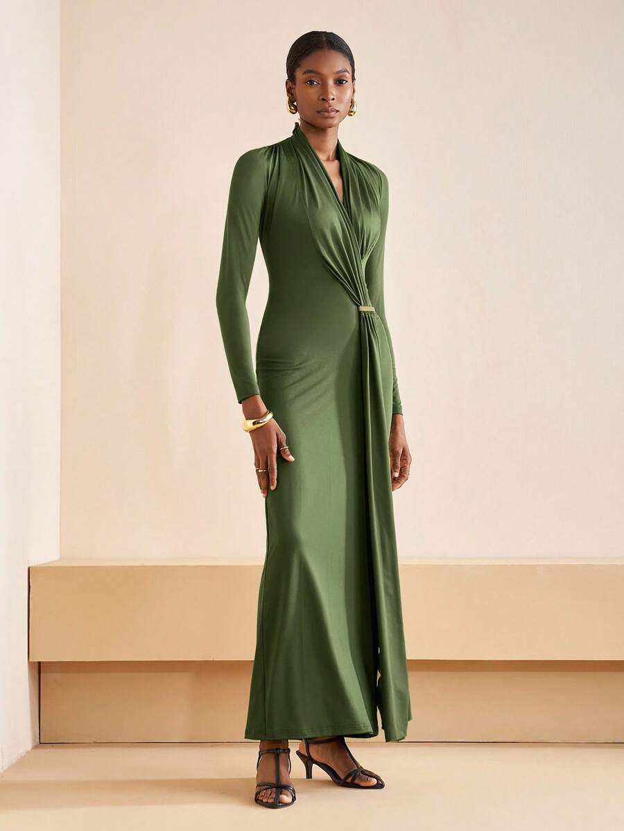 Zivah Vestido maxi de mujer elegante y casual para otoño e invierno 2025 con manga larga, decoración metálica, cuello en V y pliegues, ideal para viajes, ir a trabajar, fiestas, vacaciones, estilo de dinero antiguo, compras, banquetes, elegante, citas, informal - A - Verde - Ver 1