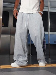 ROMWE MEN Street Life Men's Drawstring Waist Patchwork Plaid Pocket Wide Leg Pants, For Fall - Multicolor - View 2