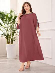 Lacomfia Váy tay 3/4 đính hoa thanh lịch cho nữ cỡ lớn - Gỗ đỏ - Xem 4