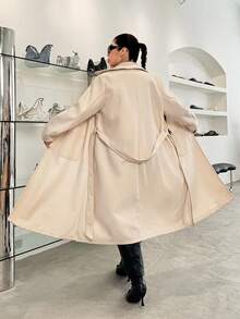 SHEIN EZwear 大码立领双口袋抽绳休闲大衣，秋冬 - 杏色 - 查看 2