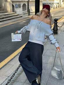 INAWLY Chaqueta con capucha de manga larga con hombros descubiertos, cremallera y estampado floral gris para mujer, para uso casual y deportivo al aire libre - Gris - Ver 4