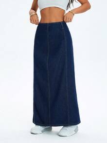SHEIN Casual Low-Waist Patchwork Side Slit Maxi Denim Skirt