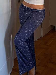 Livesso Ditsy Floral Contrast Trim Waistband Design Women Pajama Bottoms, Fall, Winter