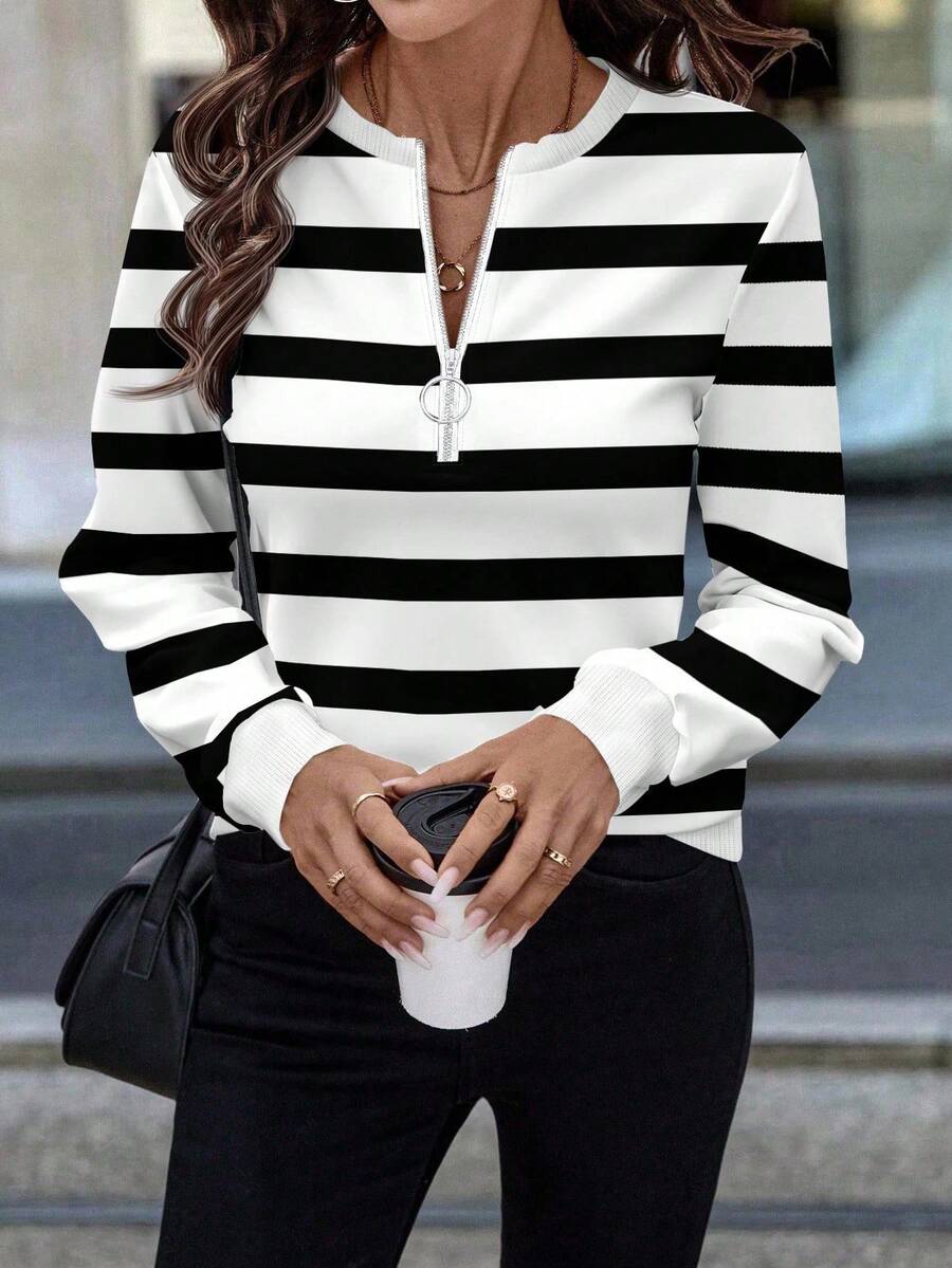 EMERY ROSE Women's Front Half-Zip Striped Crew Neck Sweatshirt In Black And White,Fall - Multicolor - View 1