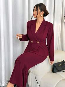 Firerie Ensemble 2 pièces élégant avec Top à manches longues plissé à double boutonnage et pantalon, couleur unie, grande taille - Rouge - Voir 5