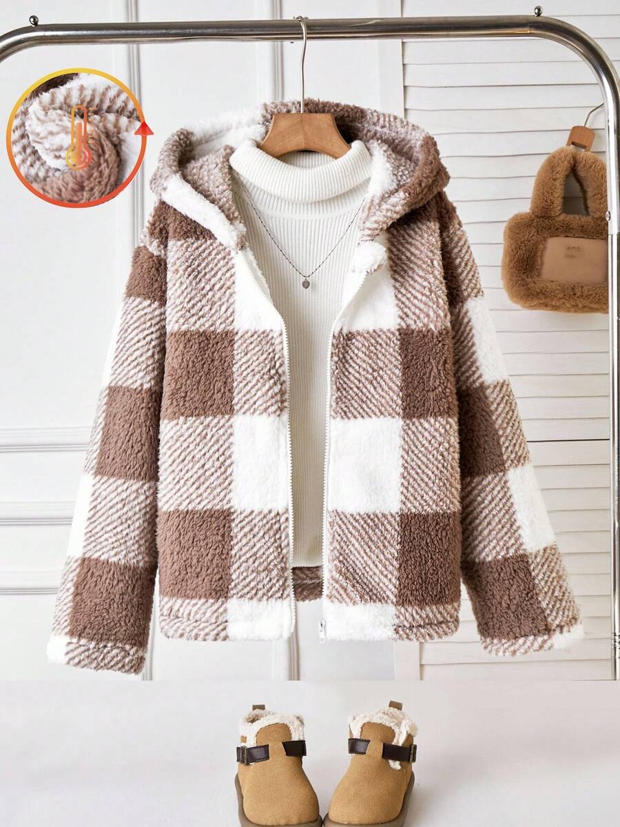 Sparklyn Girls' Fuzzy Plaid Symmetrical Pattern Hooded Casual Versatile Jacket, Suitable For Daily Wear Fall Winter - Multicolor - View 1