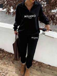Slaydiva MILANO Women's Casual Letter Pattern High Collar Zipper Half-Zip Loose Long Sleeve Fleece Sweatshirt And Pants Set, Suitable For Autumn/Winter Outings, Fashionable Matching - Black - View 3