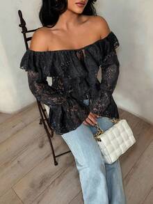 SHEIN SXY Áo ren trắng mỏng tay dài hở vai nhún bèo giản dị dành cho nữ, thích hợp cho kỳ nghỉ hè - màu đen - Xem 5