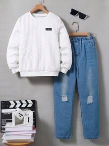 SHEIN 2pcs Tween Boy Casual Textured Sweatshirt And Denim Pants Set Chic Outfits For Autumn/Winter