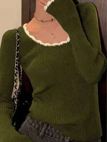 INAWLY 女式撞色装饰圆领休闲长袖套头毛衣 - 綠色 - 查看 1