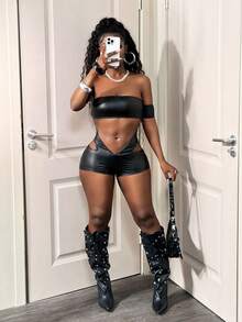 BamGleam New Autumn Wild Street Style Sexy PU Leather Cut-Out Unitard Romper For Women, Music Festival Matching Item, One-Piece Outfit - Black - View 6