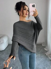 Selianne Batwing Sleeve Asymmetrical Hem Sweater - Grey - View 6