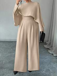 Elenzga Plus Size Women's Minimalist Cinched Waist Wide Leg Jumpsuit With Faux Shawl - Khaki - View 8