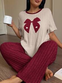 Snug Zone Plus Size Women Knitted Ribbed Bow Embroidered Round Neck Short Sleeve Pants Casual Pajama Set Bow Pajama Set - Red - View 1