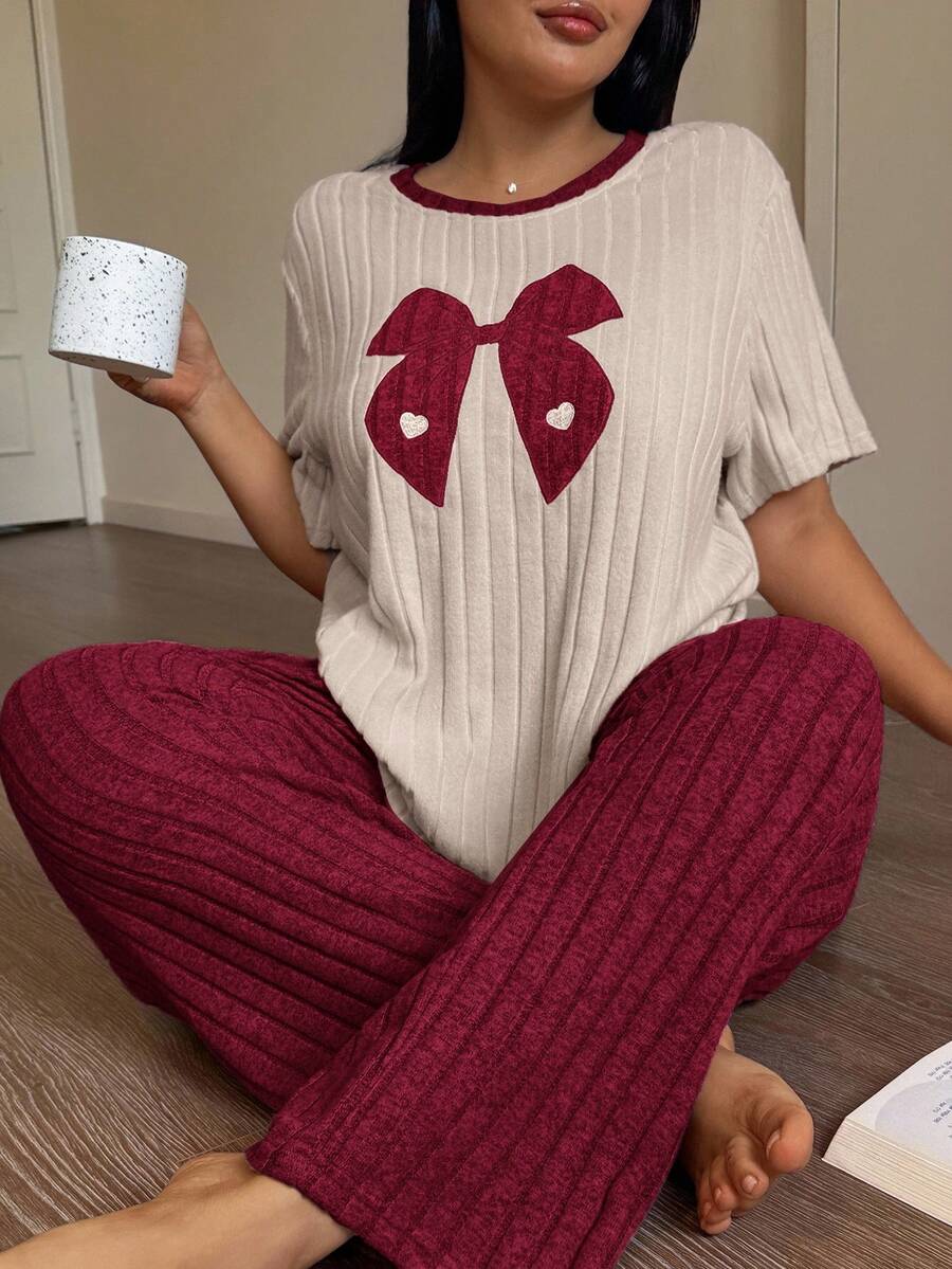 Snug Zone Plus Size Women Knitted Ribbed Bow Embroidered Round Neck Short Sleeve Pants Casual Pajama Set Bow Pajama Set - Red - View 1