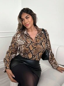 Xyvia 25+ Women's Vintage Classic Animal Print Snake Pattern Button Down Loose Long Sleeve Shirt Blouse, Suitable For Daily Commute, Autumn/Winter - Multicolor - View 7