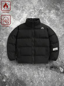 Manfinity Hypemode 男士冬季字母图案拉链立领长袖羽绒服，秋季 - 黑色 - 查看 1