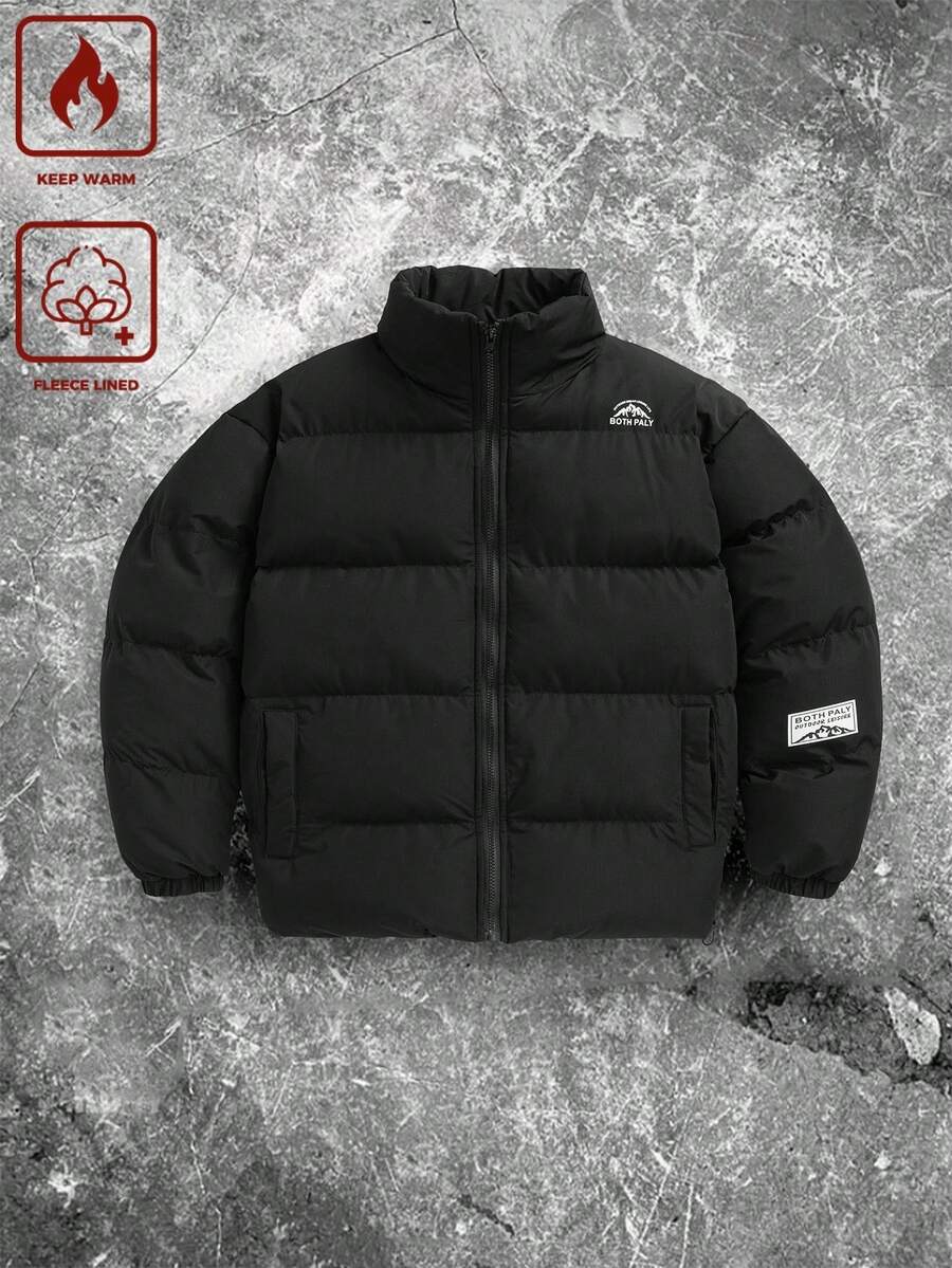 Manfinity Hypemode 男士冬季字母图案拉链立领长袖羽绒服，秋季 - 黑色 - 查看 1